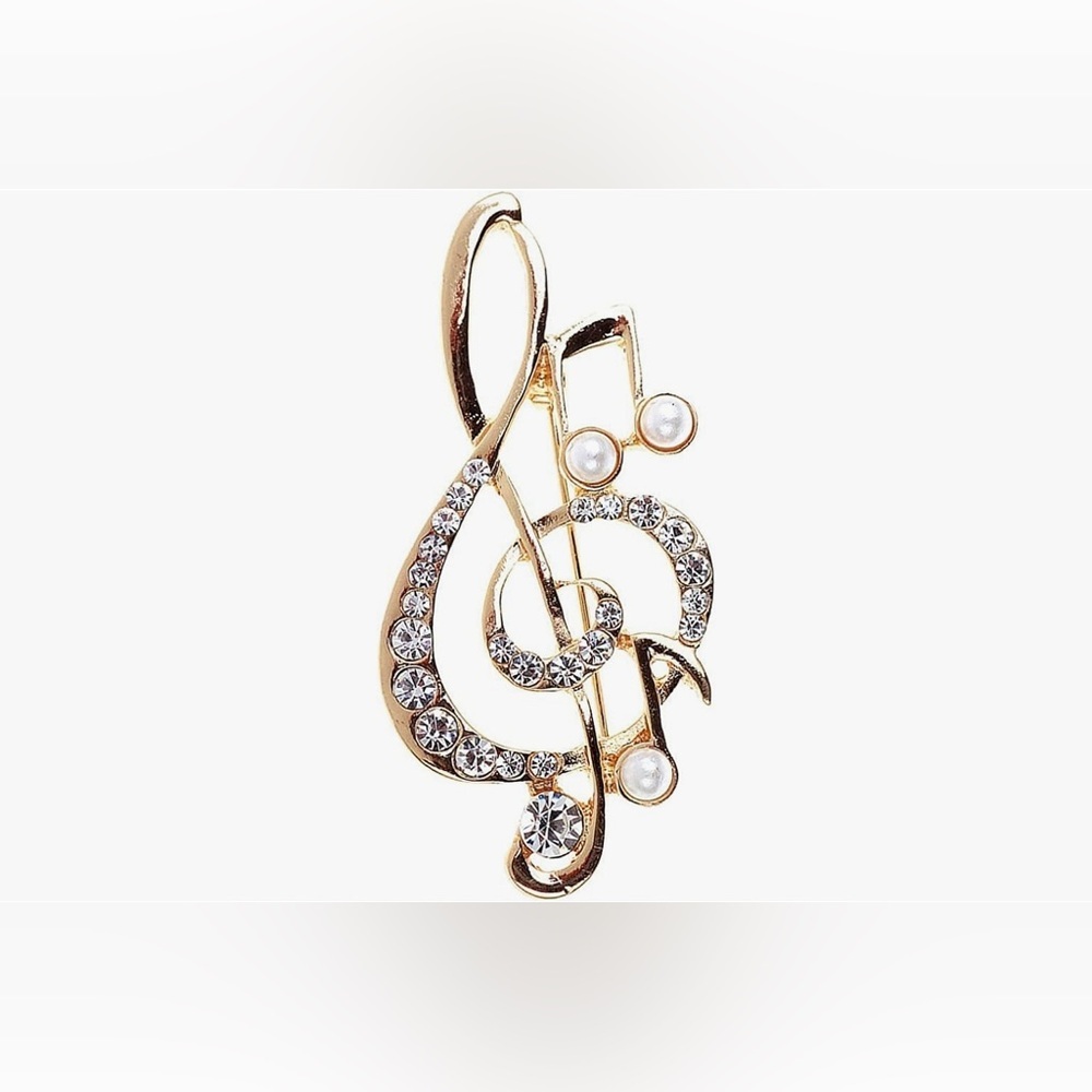 Sparkly Treble Clef + Music Note Fashion Rhinestone, Pearl Brooch Pin, Gold - Picture 7 of 17